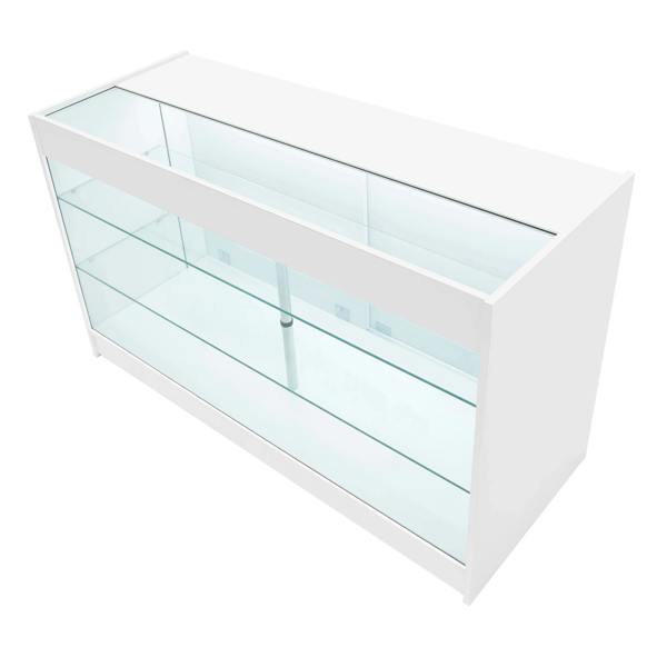 Hyperion LED shop counter set in white, featuring sleek glass shelves, modern design, and illuminated display for products