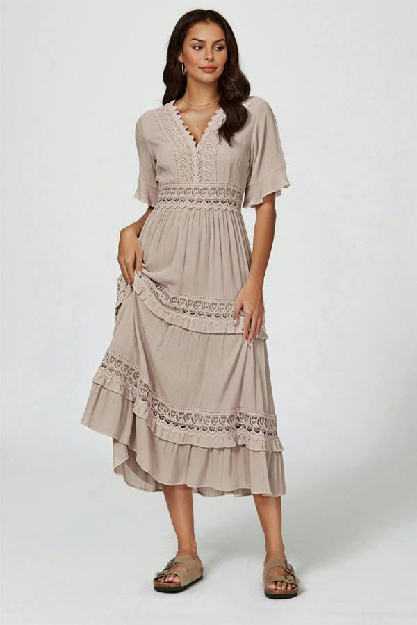 FS Collection V Neck Lace Detail Midi Dress In Soft Champagne