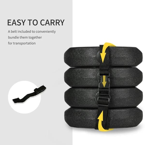 Stack of black gazebo base weights with included carrying belt