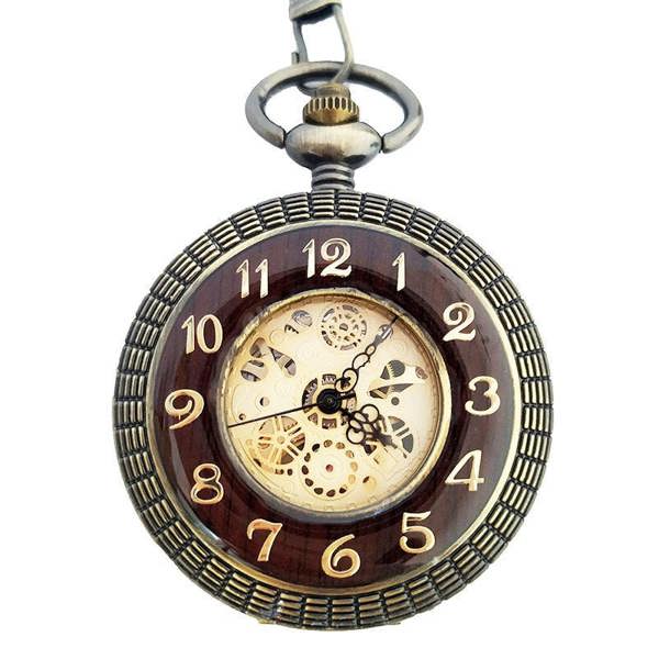 Infinity Leather Antique Gold Wooden Half-Hunter Skeleton Alloy Pocket Watch