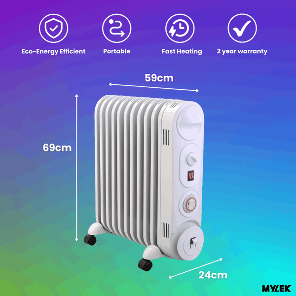 Mylek Oil Filled Radiator Electric Heater, Portable, Thermostat and 24hr Timer by Mylek 2500w