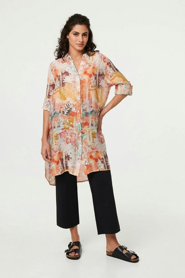 Orange | Abstract Long Sleeve Short Shirt Dress
