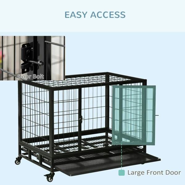 Black metal dog crate with large front door and door bolt hardware