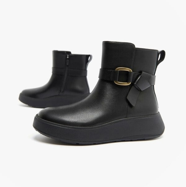 FitFlop F-MODE SQUARE-RING LEATHER FLATFORM Ladies Ankle Boots Black