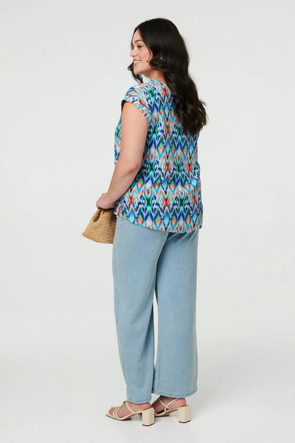 Blue | Curve Printed Cap Sleeve Relaxed Blouse
