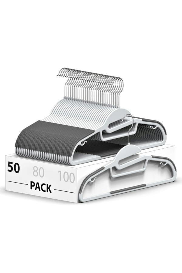 Dyzi 50 Pack White Plastic Coat Hangers Non Slip Heavy Duty