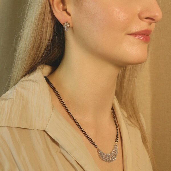 The Colourful Aura Indian Nazaria Silver Zircon Mangalsutra Black Beads Earring and Pendant Necklace