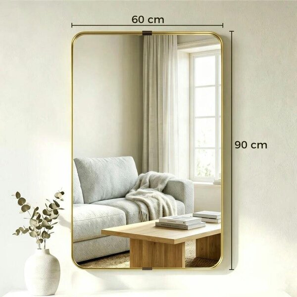Rectangular Wall Mirror, 90 x 60 cm Wall Mounted Bathroom Mirror w/ Aluminium Alloy Frame and Tempered Glass, Gold Tone