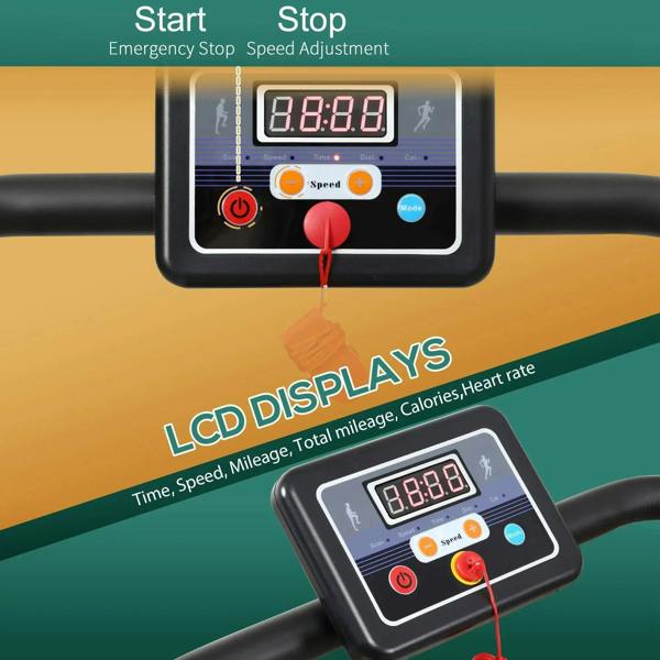 LCD console panel on folding treadmill with start/stop and speed controls