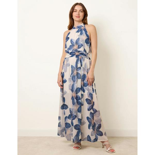 Blue Vanilla Floral Print Halter Neck Occasion Dress