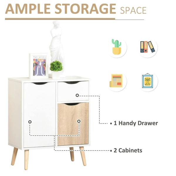 White sideboard storage cabinet with drawer and two cabinets, wood-front panel, wood tapered legs.