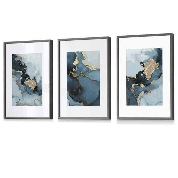 Set of 3 Abstract Teal Blue and Gold Framed Wall Art Prints | Artze Wall Art UK