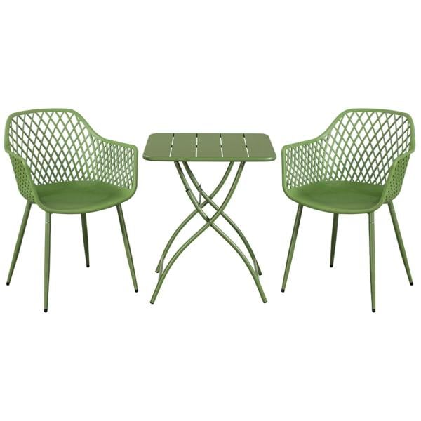 Core Products 3 Piece Bistro Garden Set, Pair Of Lattice Armchairs & Square Metal Folding Table, Moss Green