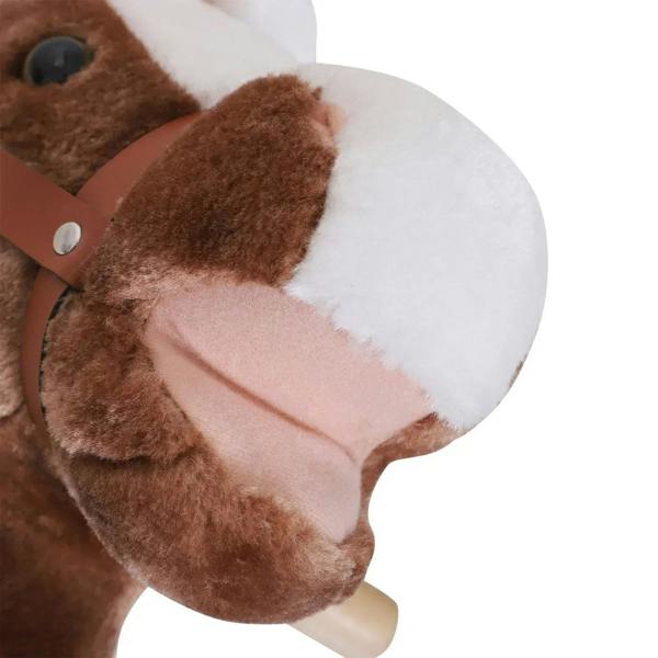 Brown plush rocking horse head with white muzzle and embroidered eye