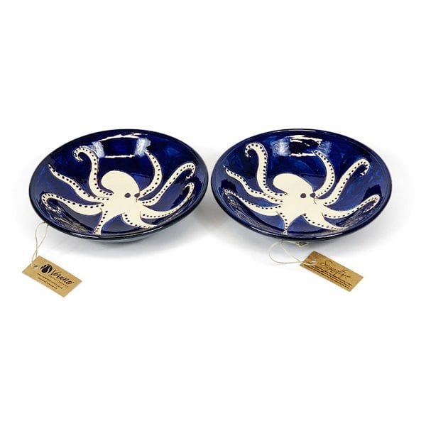 Verano Spanish Ceramics Signature - Blue & White Octopus - Pasta Bowl Set of 2