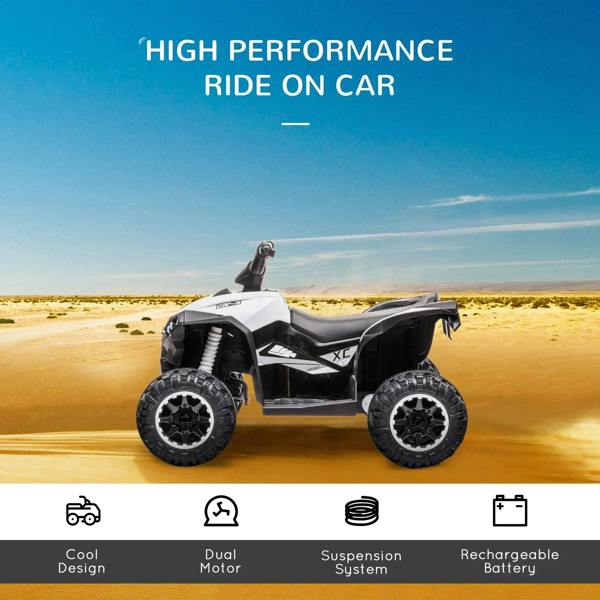White electric quad bike in side profile with large knobby tires
