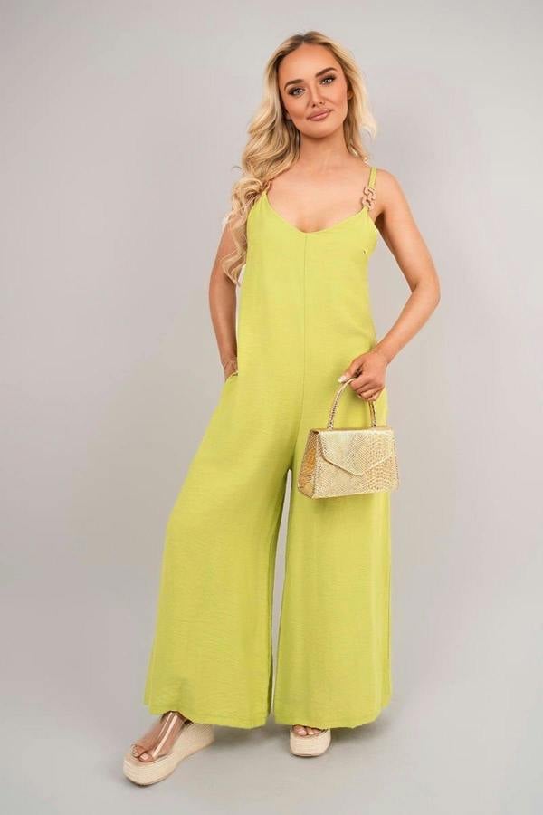 Yalina Scoop Neck Wide Leg Sleeveless Jumpsuit With Strap Detail - Lime