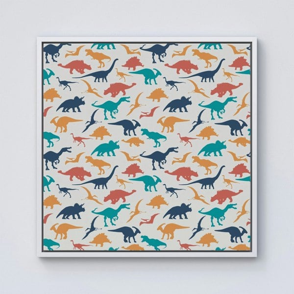 Warren Reed Multicoloured Dinosaurs Framed Canvas