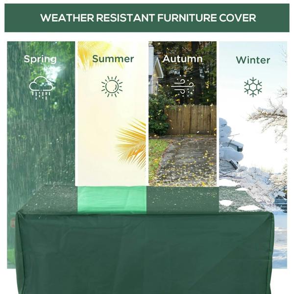 Weather resistant patio furniture cover in green, shown with seasonal protection icons on label.