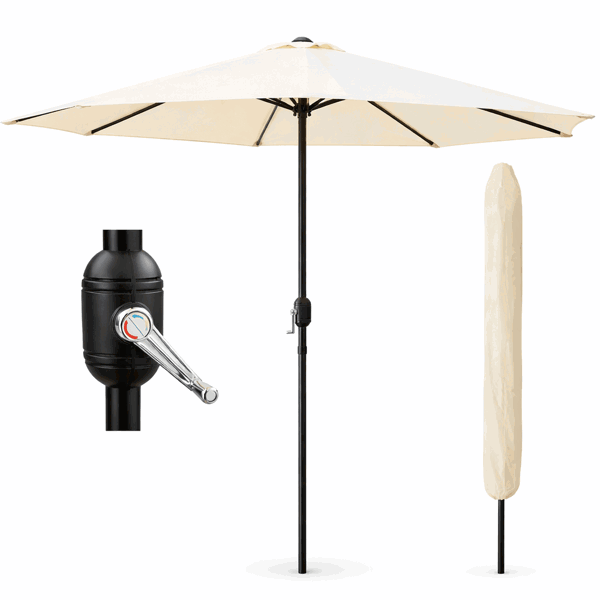 GlamHaus Garden Parasol Table Umbrella 2.7M with Crank Handle UV40 Protection Free Protection Cover Robust Steel Cream