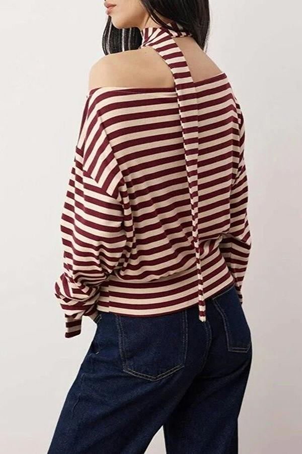 WOVCOR Striped Off-Shoulder Shawl Knitted Blouse with Accessory Detail