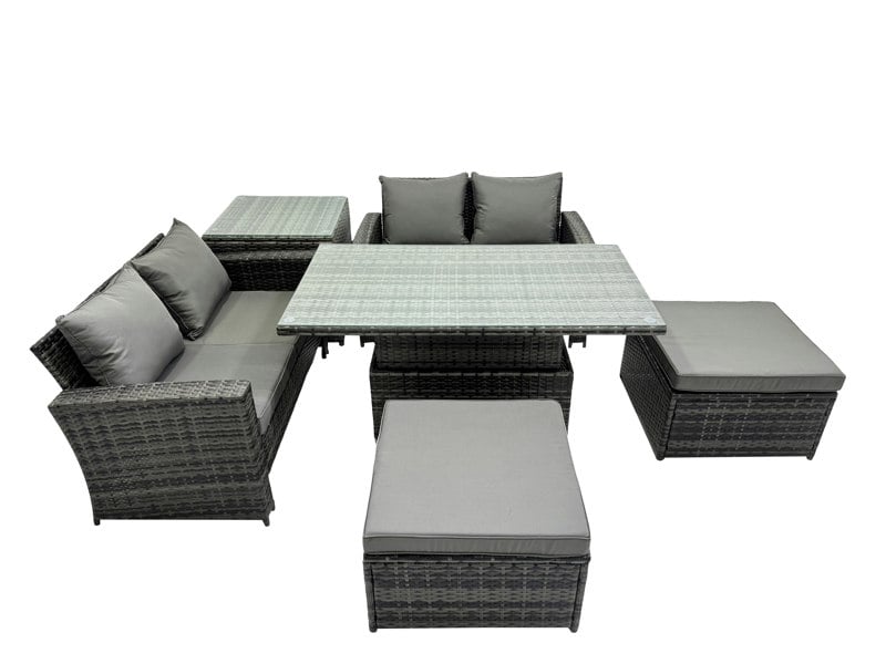 Fimous Outdoor Love Sofa Set 6 Seat Rattan Garden Furniture Set with Adjustable Lifting Dining or Coffee Table 2 Big Stools Dark Grey Mixed