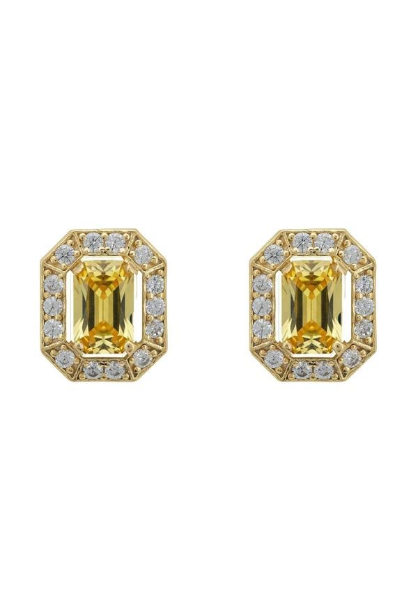 Pair of gold earrings with green gemstones and diamond accents on a white background