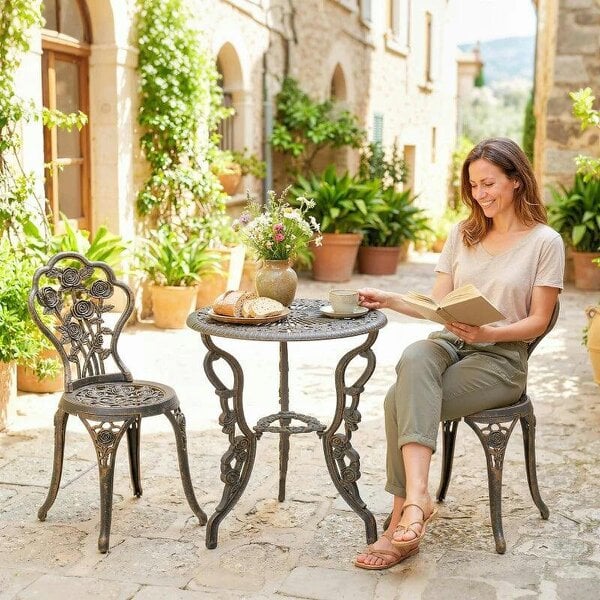 Bobobiy Garden Bistro Set with Umbrella Hole, 3 Piece Cast Aluminium Garden Set, Antique Floral Round Coffee Table and Chairs, Brown Tone