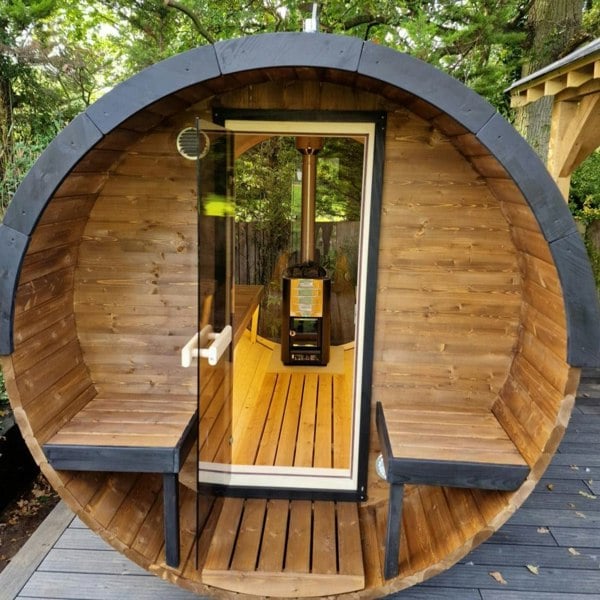 400cm Spruce Barrel Sauna | Thermowood | Terrace | Wood-Fired or Electric.