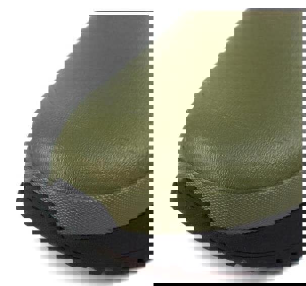 Grisport GriSport Mudmate Mens Pull On Rubber Chelsea Ankle Wellie Boots, close-up of the toe area showing durable green rubber material and black outsole for outdoor use.