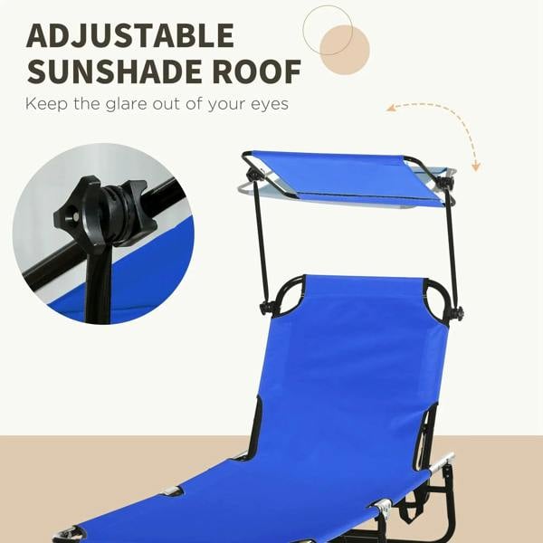 Blue folding sun lounger with adjustable sunshade canopy roof