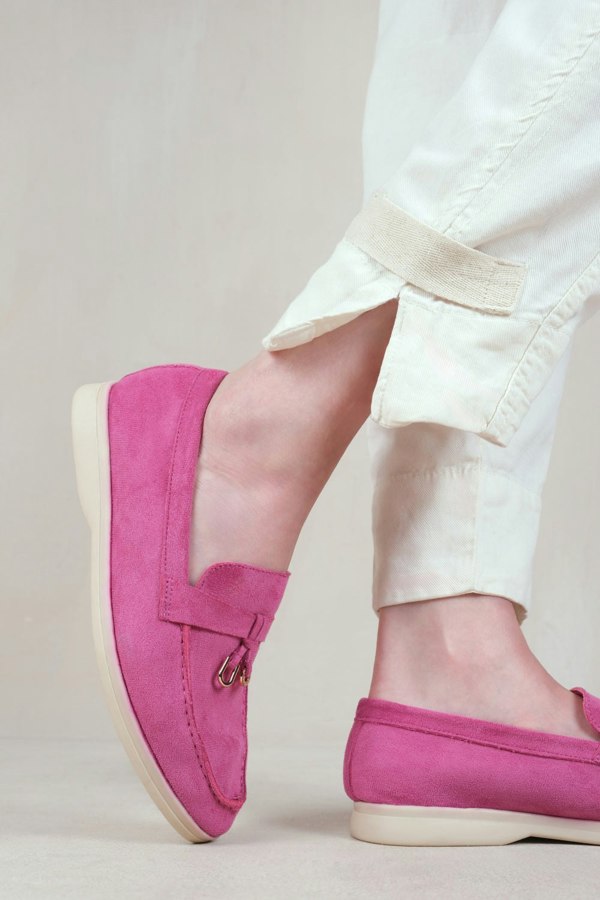 Where's That From Pegasus Slip on Trim Loafers With Accessory Detailing in Fuchsia Suede