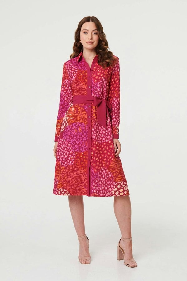 Pink | Printed Long Sleeve Collared Midi Dress
