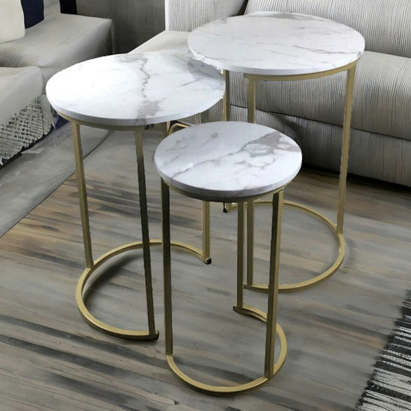 Rafaelo Mobilia Set Of 3 Gold Nesting Tables With Faux Marble Top