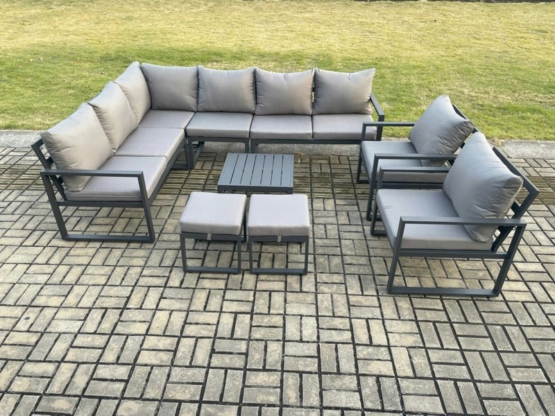 Fimous 10 Seater Aluminium Garden Furniture Set Outdoor Lounge Corner Sofa 2 Pcs Chair Square Coffee Table Sets with 2 Small Footstools Dark Grey