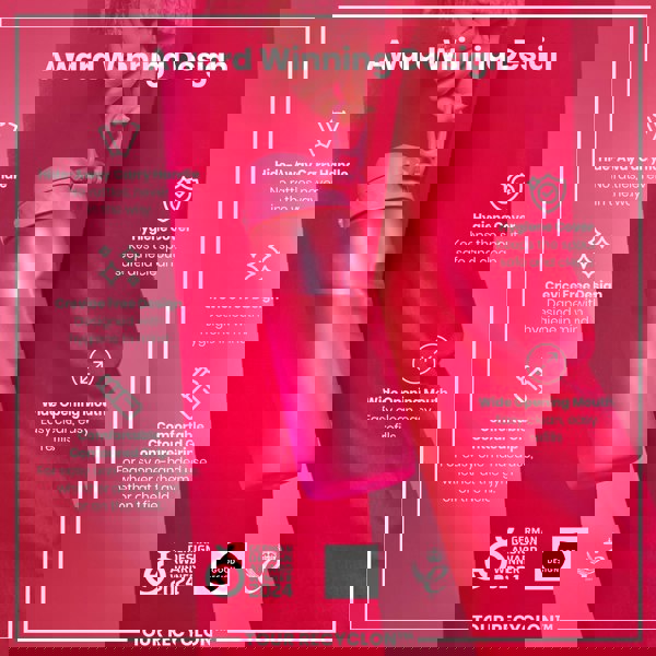 A pink water bottle is held; its features are highlighted against a pink background. Award Winning Design. Hide-Away Carry Handle. No rattles, never in the way. Crevice Free Design. Designed with hygiene in mind. Comfortable Contoured Grip. For easy one-handed use, whether at the gym or on the field. Hygiene Cover. Keeps the spout safe and clean. Wide Opening Mouth. Easy clean, easy refills. German Design Award Winner 2024. Good Design. Tour Recyclon™. 2021.