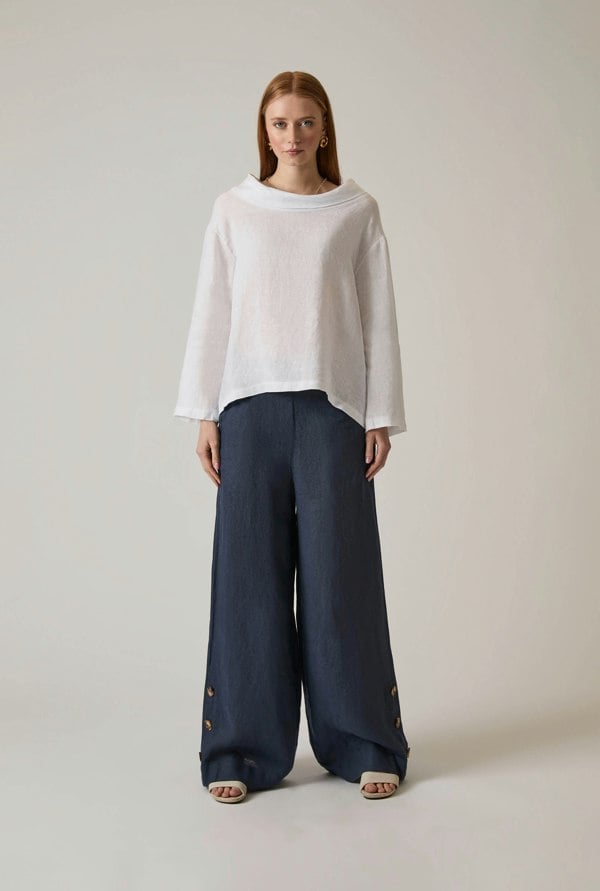 White linen top with draped cowl neckline
