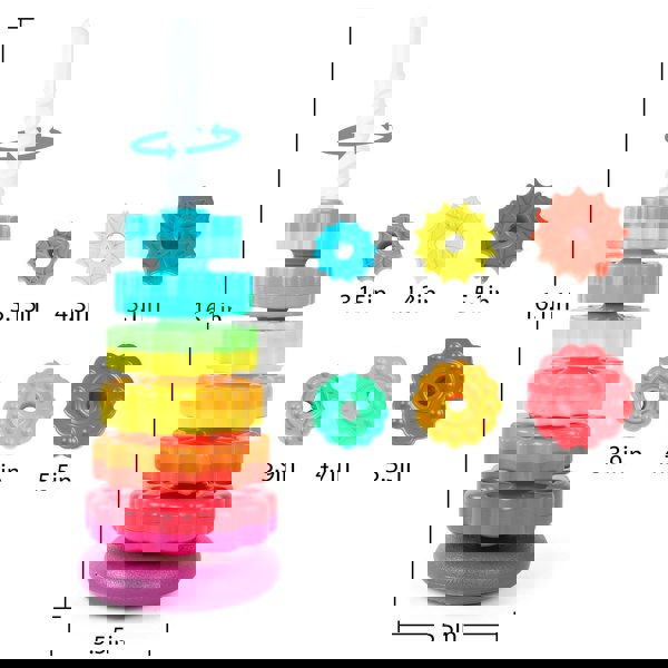 deAO Toys Rainbow Stacking Tower Toy for Toddlers, Colorful Educational Spiral Gears with Rotating Base, Soft and Safe Material