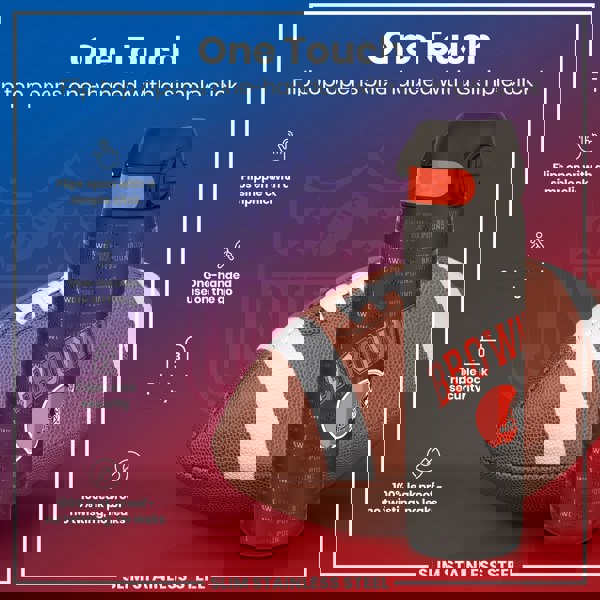 A flip-top water bottle, opening one-handed, rests near an American football. The bottle features a Cleveland Browns logo and is described as slim, stainless steel, triple-locked, and leak-proof. "One Touch" is displayed prominently.