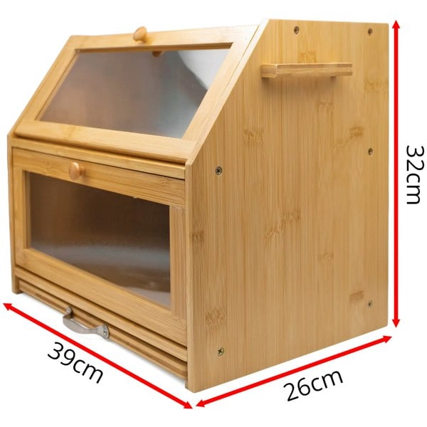Maison des Cadeaux Large 2-Compartment Bamboo Bread Bin with Sliding Chopping Board