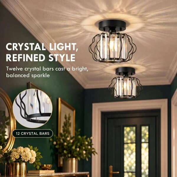 Crystal Ceiling Light Fixtures, Modern Semi-Flush Ceiling Lighting with Crystal Strips, 2 Pack, Black