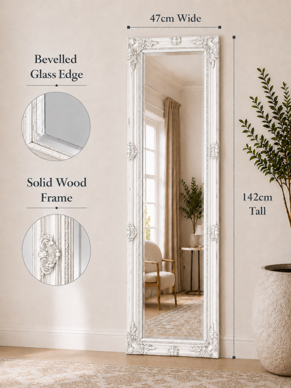 Downton Interiors Antique White Tall Ornate Dressing Wall Mirror with Bevelled Glass 142cm