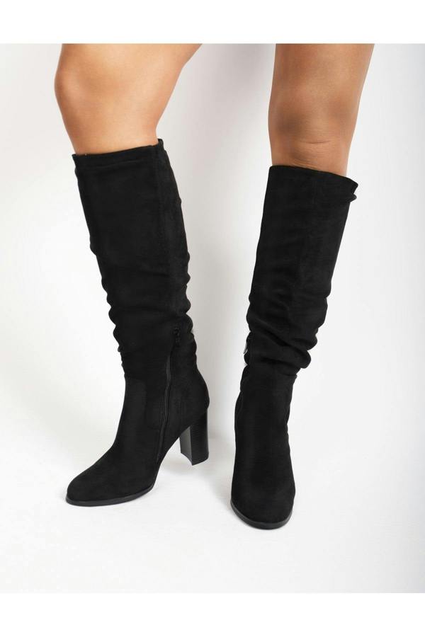 Lunara Suede Knee High Block Heel Boots - Black