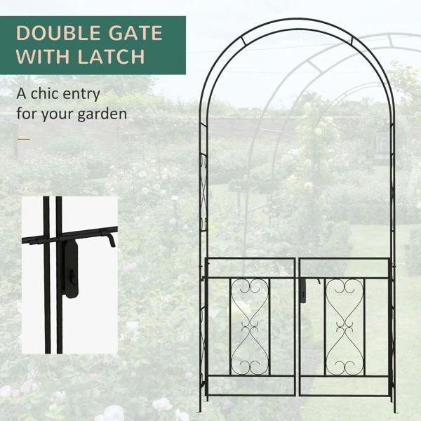Black double gate with latch on a metal garden arch, heart scroll pattern