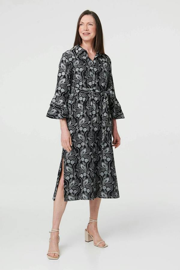 Black | Floral 3/4 Sleeve Tie Midi Shirt Dress