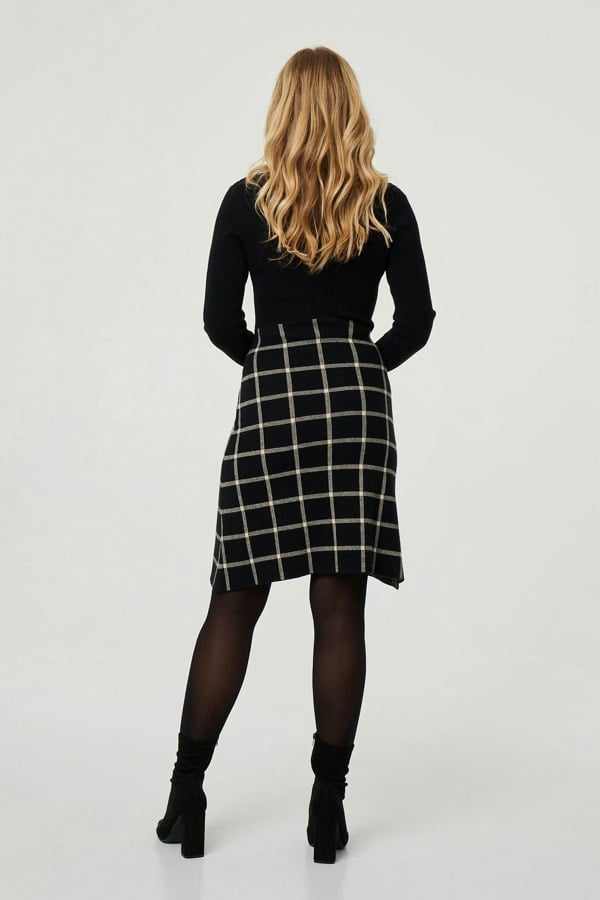 Black | Checked High Neck Knit Skater Midi Dress
