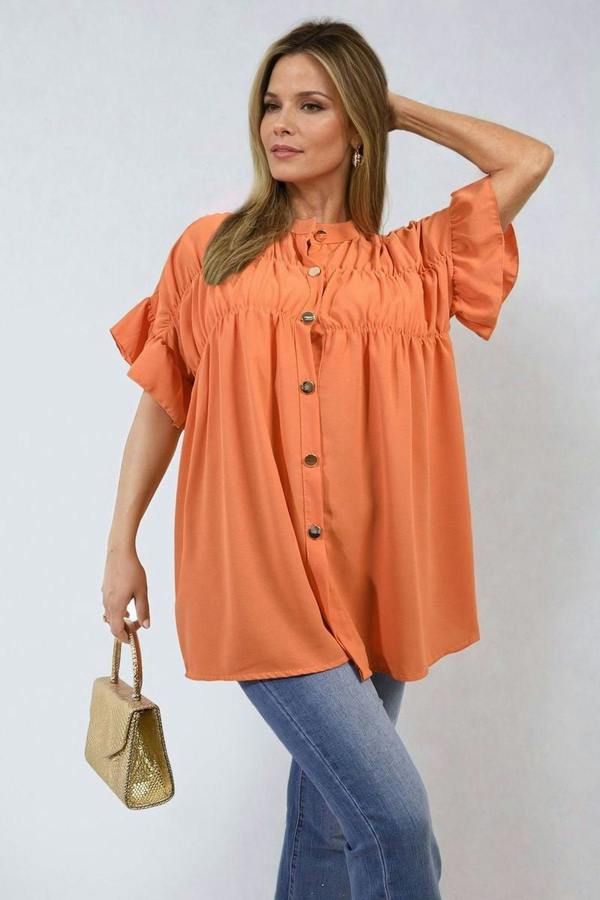 Rebecca Button Down Pleated Frill Tops - Orange