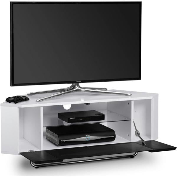 Homeology Hampshire Corner-Friendly Gloss White with Black Contrast Beam-Thru Remote Friendly Door 26"-50" Flat Screen TV Cabinet
