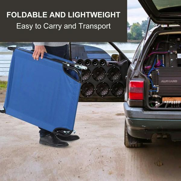 Blue foldable sun lounger being lifted for transport, with black frame legs