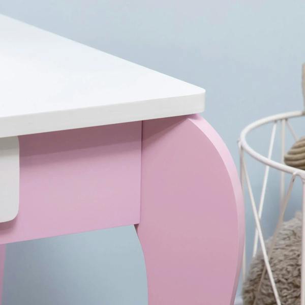 White tabletop with curved pink side panel and leg base of kids dressing table set